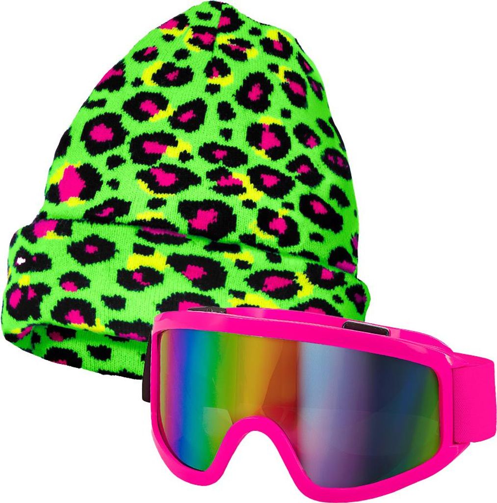 Party Skibrille und Mütze Apres-Ski Set Neon Leo grün pink
