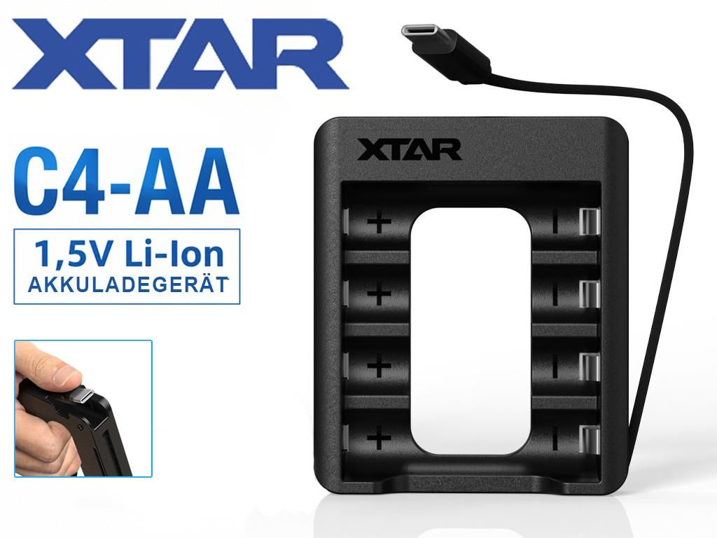XTAR C4-AA Ladegerät für 1,5V AA Li-Ion Akkus mit integriertem USB-C Kabel