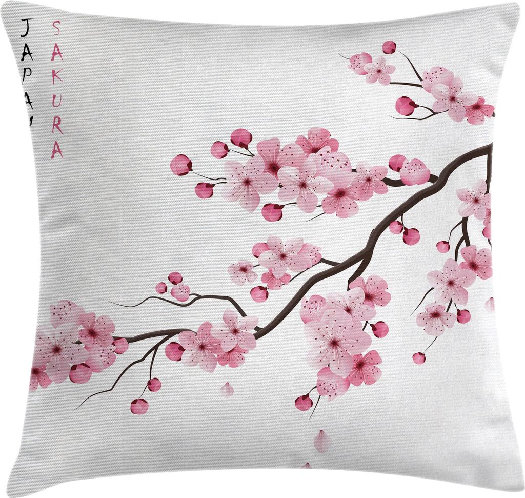 ABAKUHAUS asiatisch Kissenbezug, Japanische Kirschblüten Blumen Sakura Grafik Illustration Muster, 45 x 45 cm, Weiß Rosa