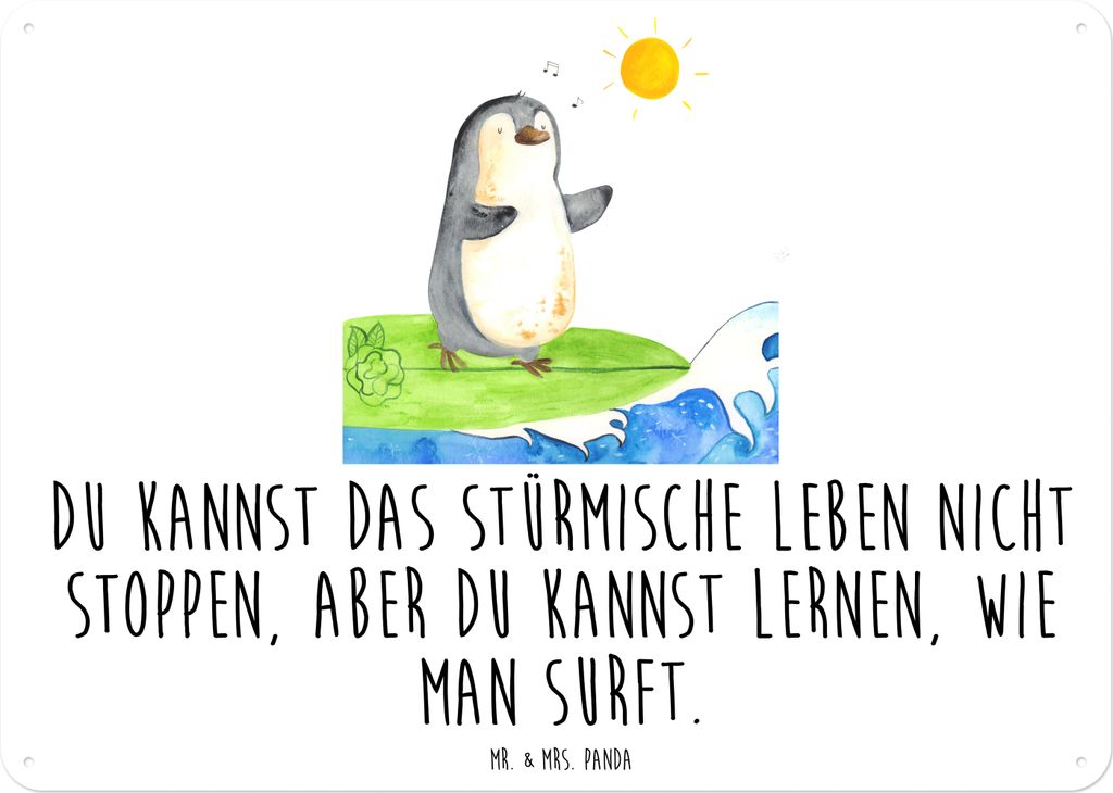 Mr. & Mrs. Panda tafel Pinguin Surfer DIN A6 - Weiß - Geschenk, Portugal, Optimistisch, Positive Sprüche, wandtafel, Urlaub, Metallschild, Schild...