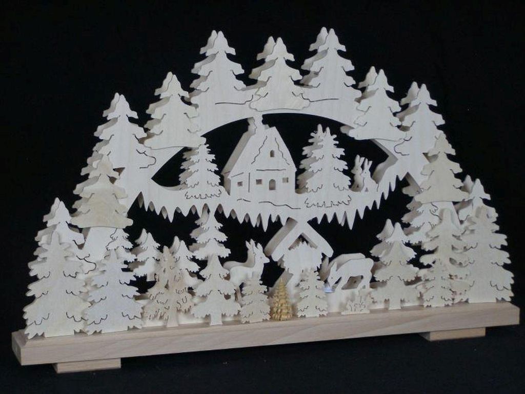Schwibbogen mit Waldhütte Rehe und Beleuchtung BxHxT 50x32x7cm NEU