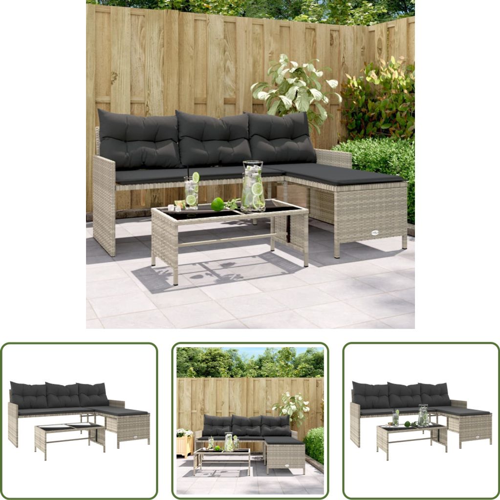 The Living Store Gartensofa in L-Form mit Tisch und Kissen Hellgrau Poly Rattan