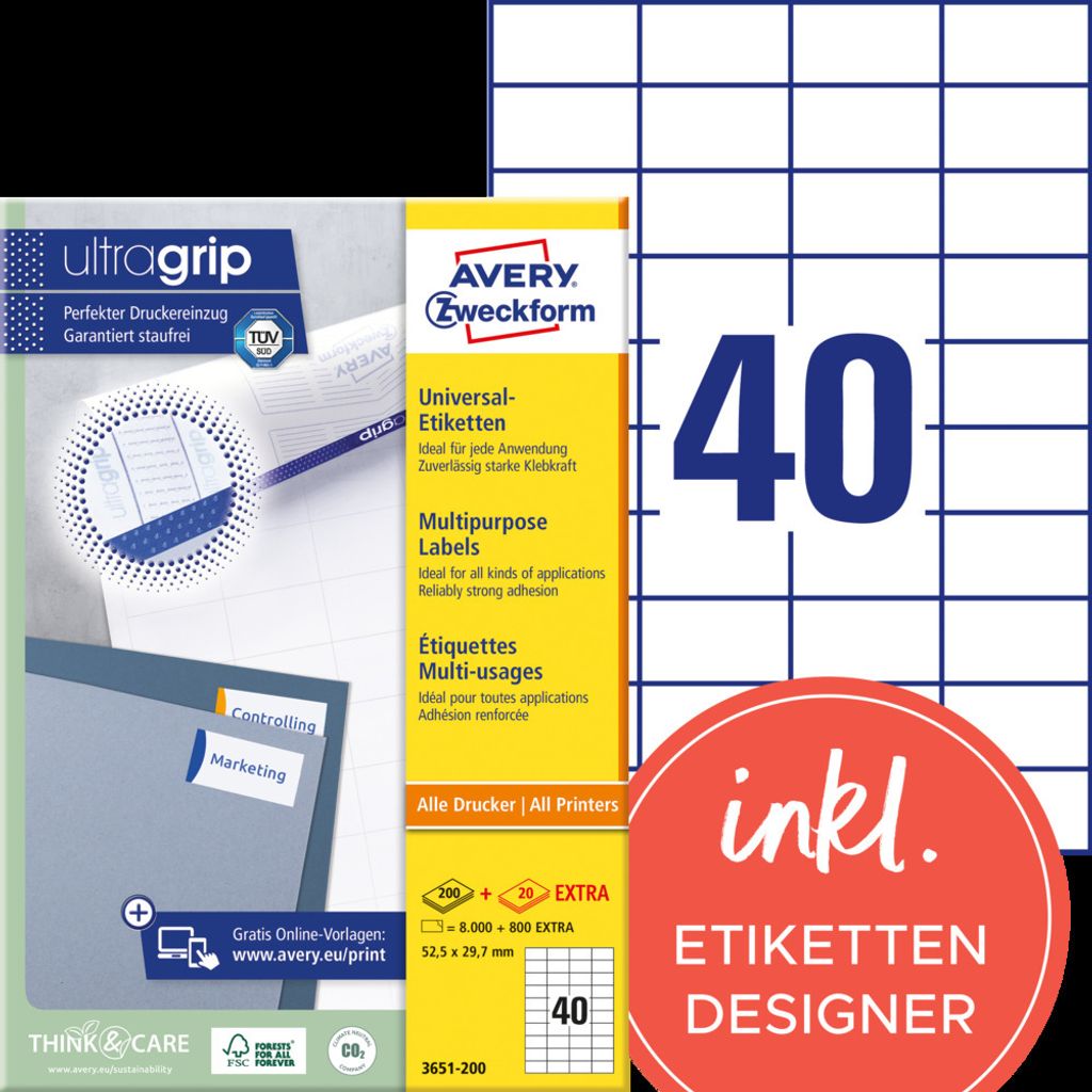 Avery Zweckform 3651-200 Universal-Etiketten, A4 mit Produktbild 