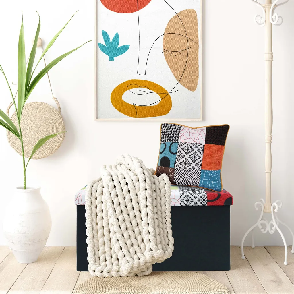 Coffre Banc Pliable Patchwork en Tissu avec Assise Capitonnée Stable
