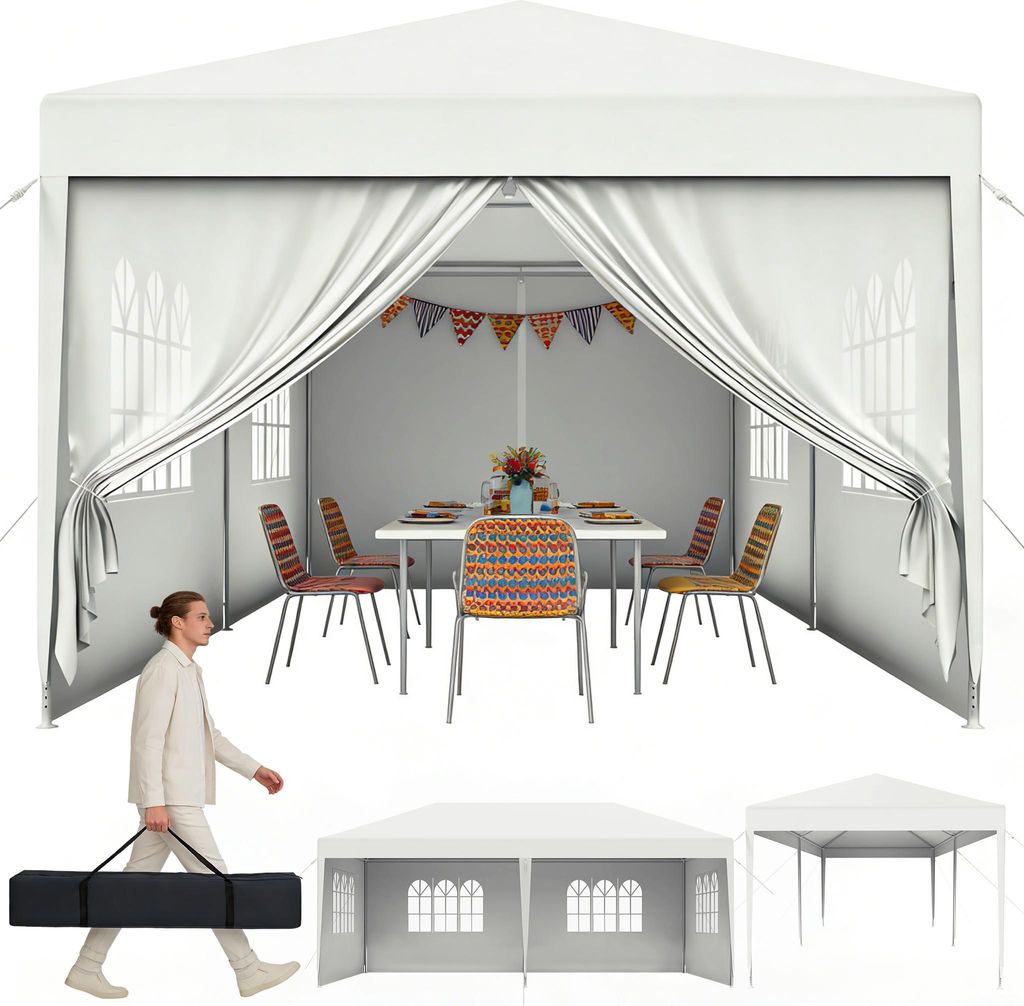 UISEBRT 3x6 m Weiß Partyzelt, Gartenpavillon mit Seitenteilen & Fenstern, UV-Schutz, Outdoor Festzelt für Events