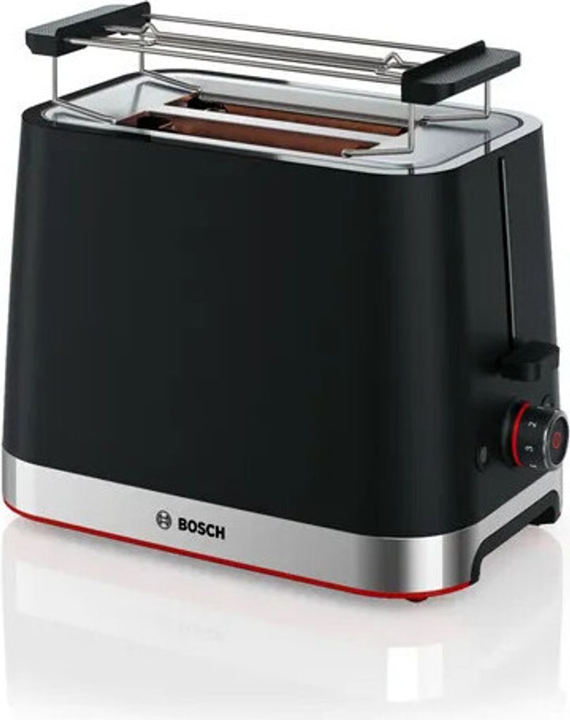 A black and silver Bosch toaster with a chrome rack on top, shown on a white background.