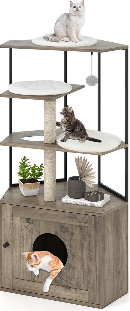 A multi-level cat tree with a built-in cabinet, featuring platforms, scratching posts, and a cat hole.