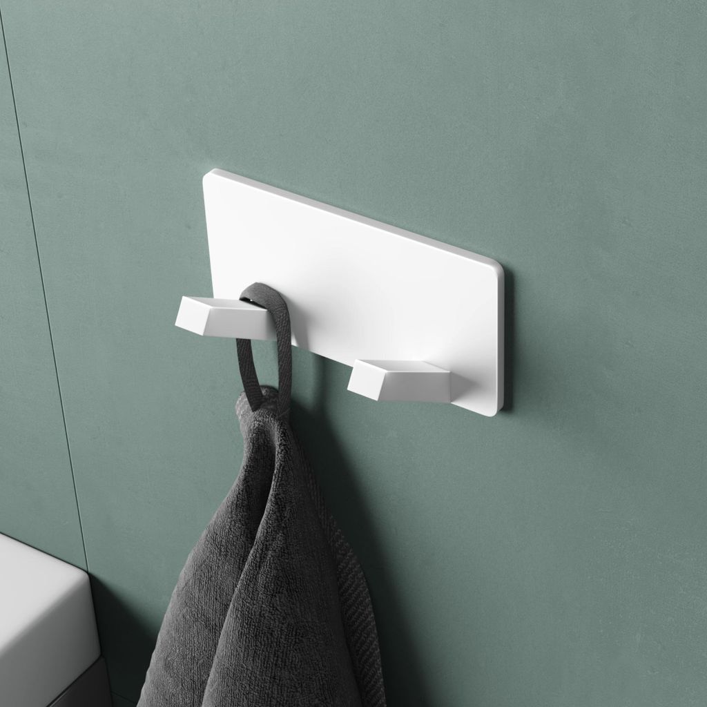 Mai & Mai Kleiderhaken ohne Bohren Wandgarderobe Wandhaken aus Edelstahl mit 2 Haken Garderobenleiste Garderobenhaken 81mm Matt weiß Stalo-04