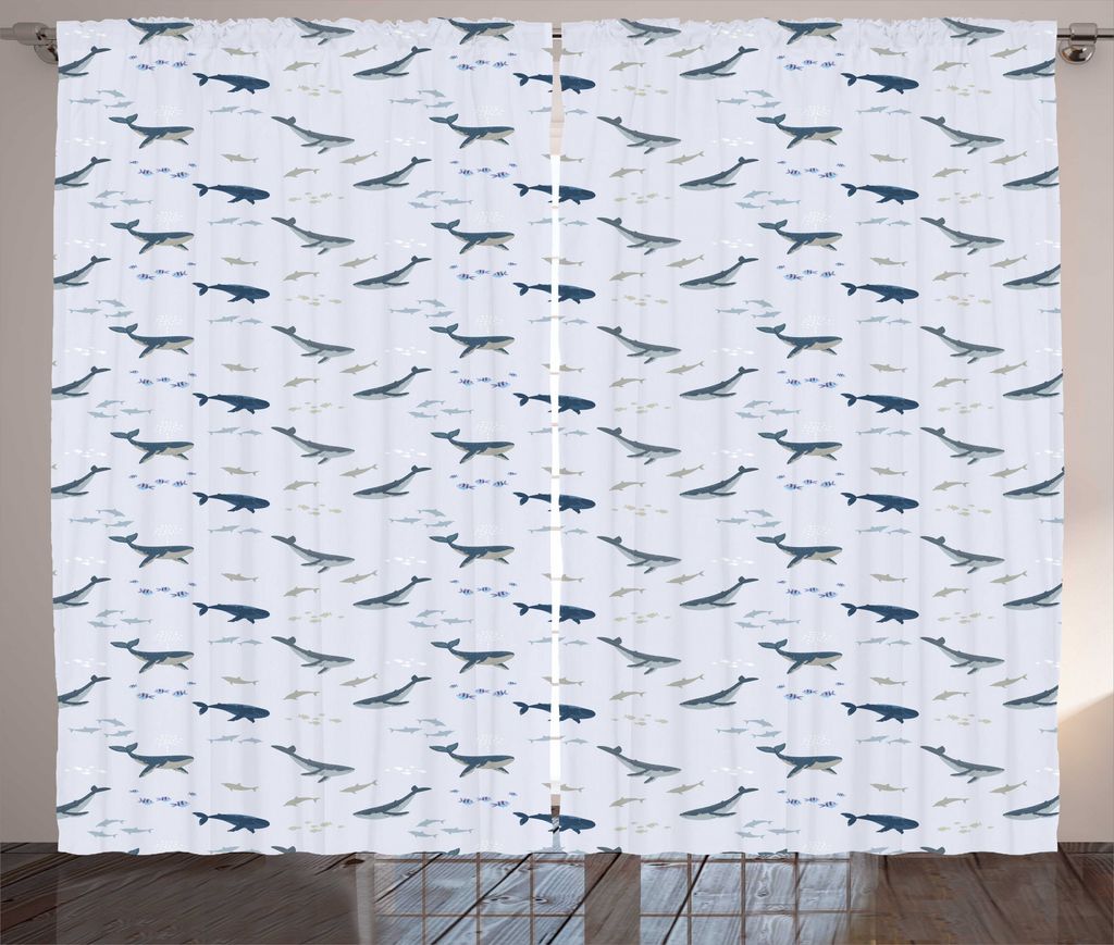 ABAKUHAUS Nautisch Rustikaler Gardine, Wale und Fische, Schlafzimmer Kräuselband Vorhang mit Schlaufen und Haken, 280 x 225 cm, Pastell Lila und M...