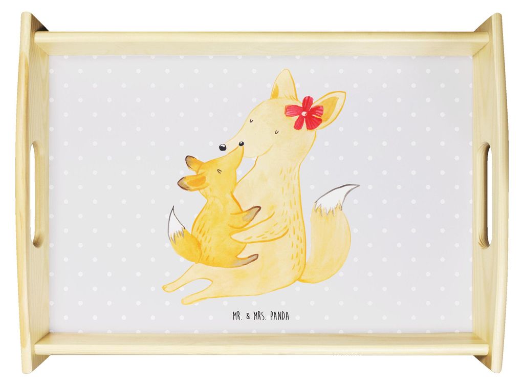 Mr. & Mrs. Panda Serviertablett Fuchs Mama - Grau Pastell - Geschenk, Dekotablett, Mutter, betttablett, Sofa Tablett, holz, Tochter, Schoß, Muttertag