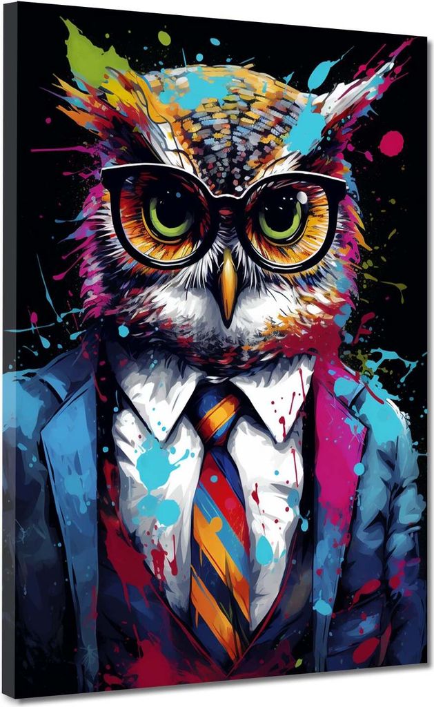 Pop Art Eule im Anzug Dark Mode Leinwandbild Wandbild Kunstdruck XL Wanddeko: 75x100x4cm