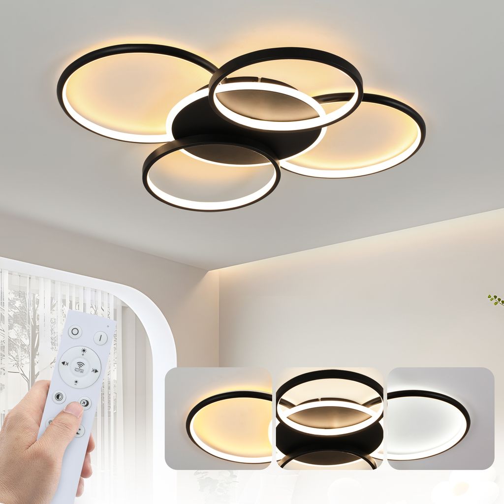 ZMH Deckenlampe LED Deckenleuchte Wohnzimmer Wohnzimmerlampe Dimmbar 70W mit Fernbedienung 5 Ringen Schwarz Schlafzimmerlampe Acryl Deckenbeleuchtung