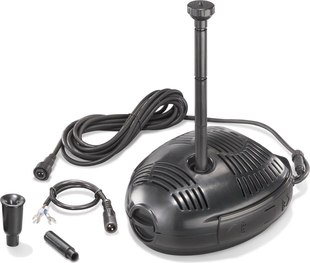 A black pond pump with accessories on a white background.
