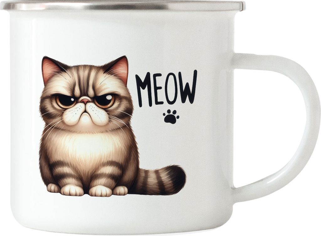 Meow Katze Grumpy Emaille Tasse Lustig Geschenkidee für Katzenliebhaber