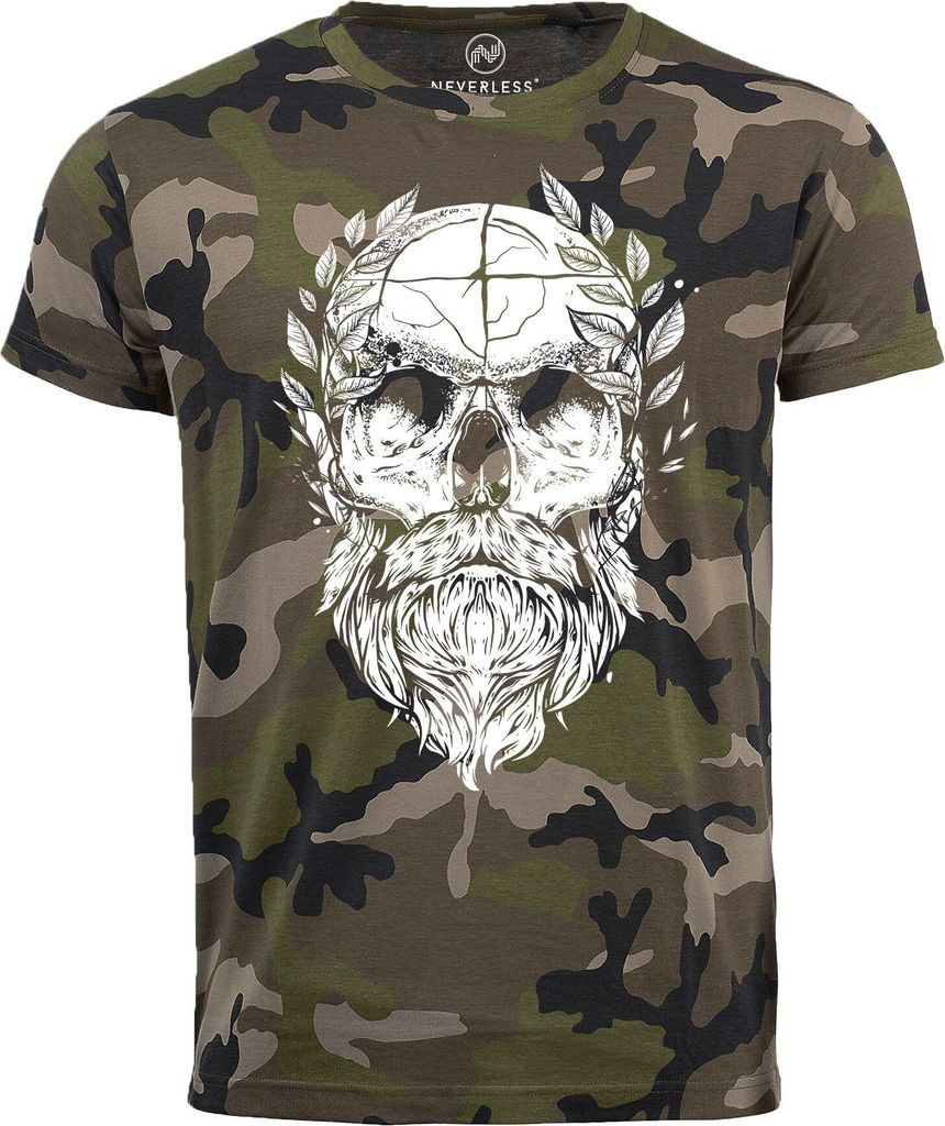 Herren Camo-Shirt Totenkopf mt Bart Lorbeer Beard Skull T-Shirt Camouflage Tarnmuster Neverless camo XXL