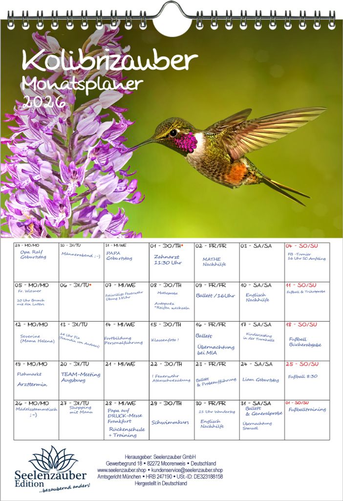 Kolibrizauber Planer DIN A4 Kalender für 2026 Vogel - Seelenzauber