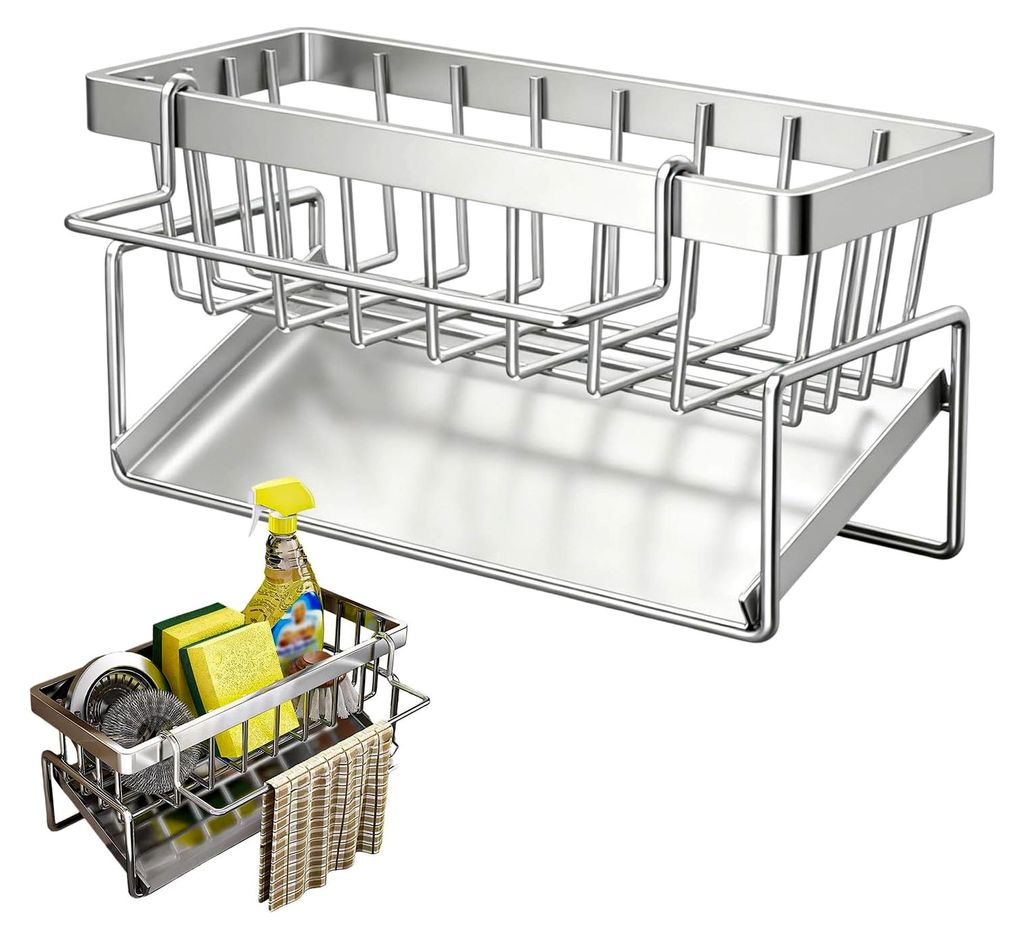 Silber SpüLbecken Organizer Mit Schwammhalter, Kohlenstoffstahl Spüle Organizer Mit Abnehmbarem SpüLlappenhalter, Küchen Organizer SpüLe Mit A...