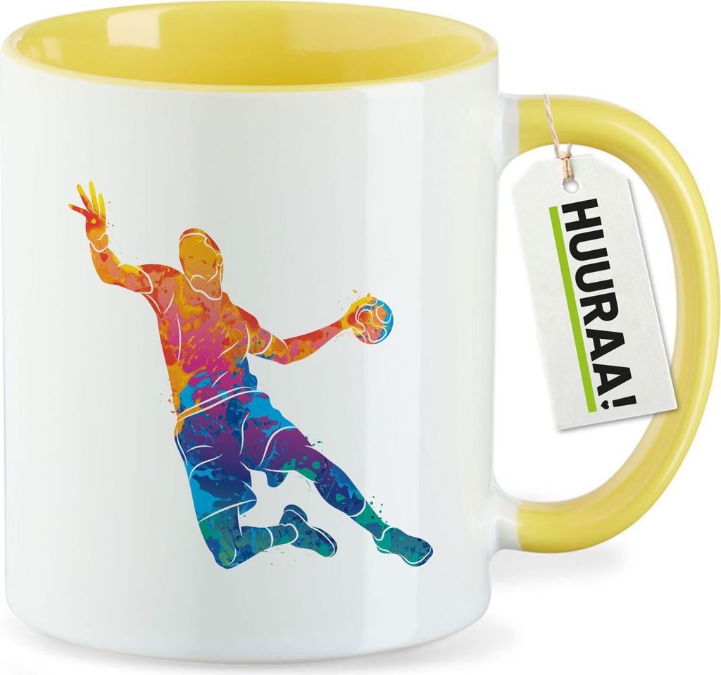 Huuraa Kaffeetasse bunte Handball Silhouette 330ml Gelb Keramik Kaffeebecher Geschenkidee