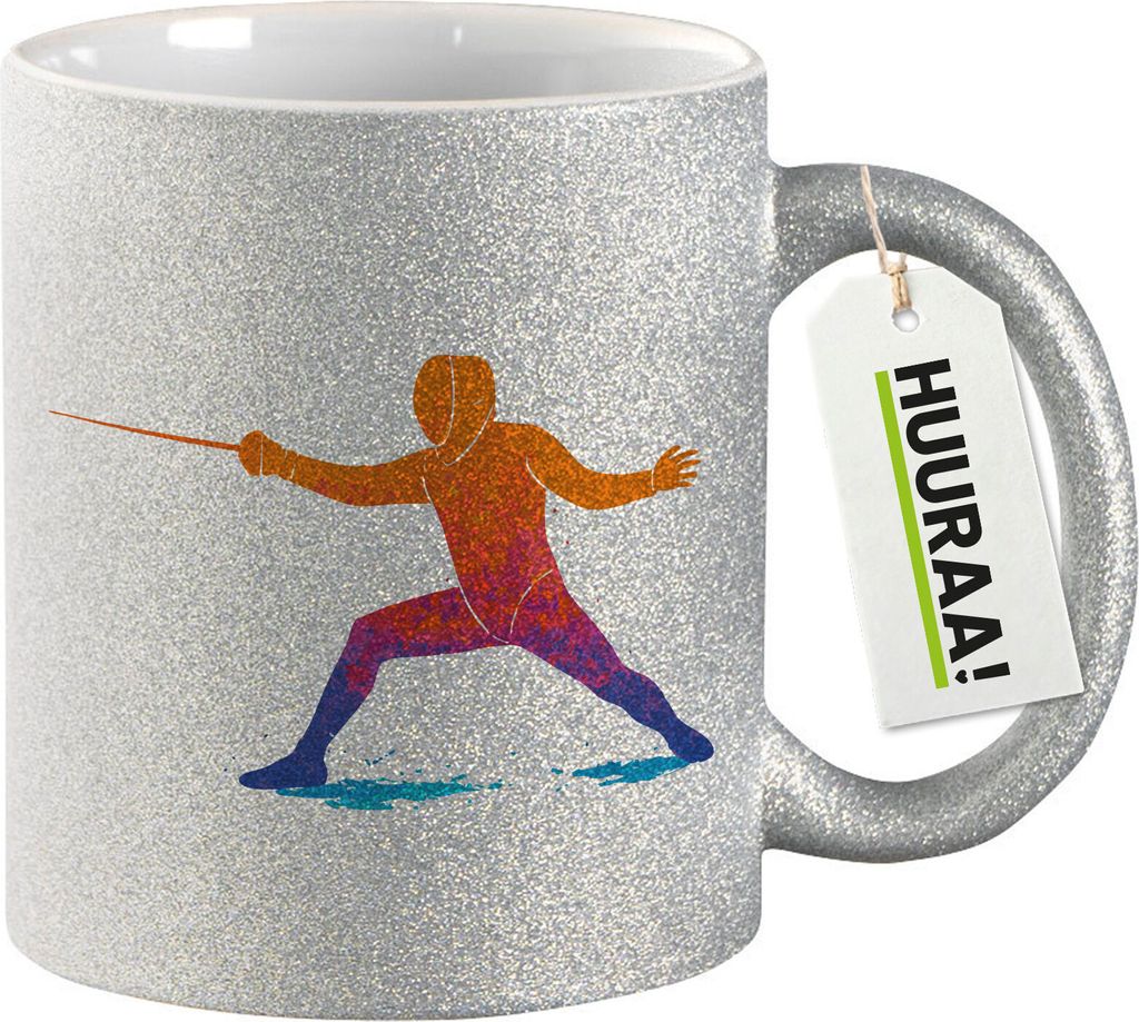 Huuraa Glitzertasse Fechten bunte Silhouette 330ml Silber Keramik Kaffeebecher Geschenkidee