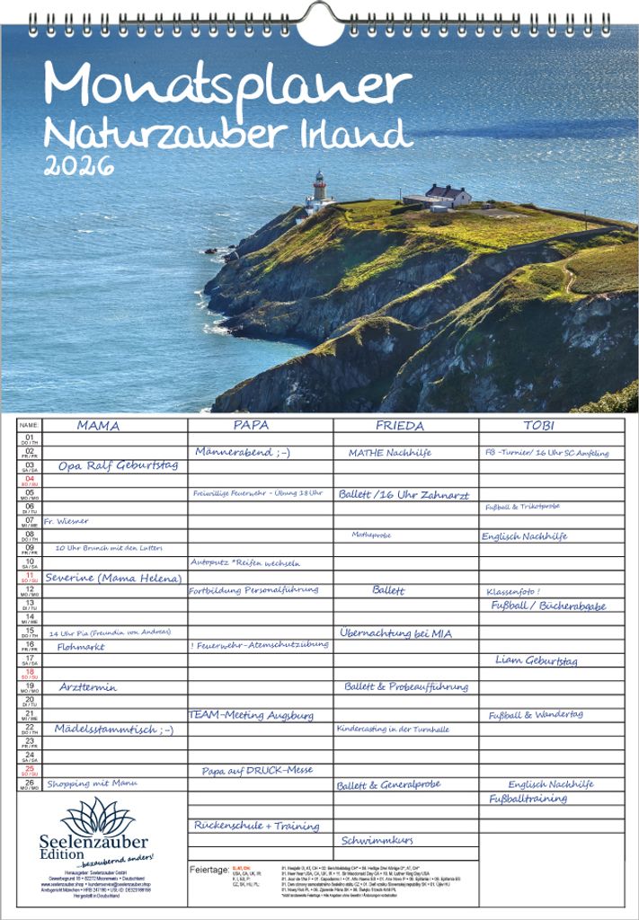Naturzauber Irland Planer Familienplaner 4 Spaltenplaner DIN A3 Kalender für 2026 Natur Reise Land Urlaub - Seelenzauber