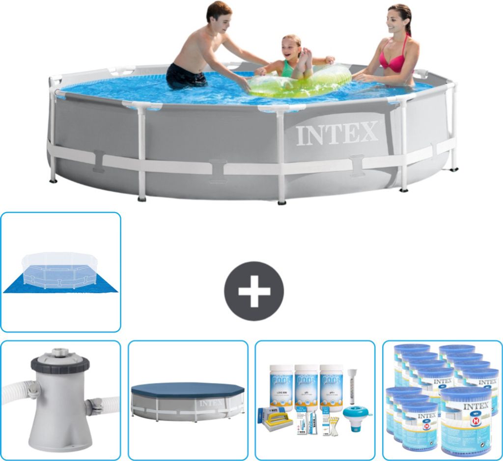 Intex Round Prism Frame Swimming Pool – 305 x 76 cm – Grau – inklusive Pumpe Abdeckung - Wartungspaket - Filter - Bodenplane