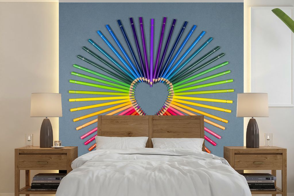 MuchoWow Fototapete für Wohnzimmer oder Schlafzimmer Wandtapete Vinyl Motivtapete Herz - Bleistifte - Regenbogen - Abstrakt - 280x280 cm - Hinte...