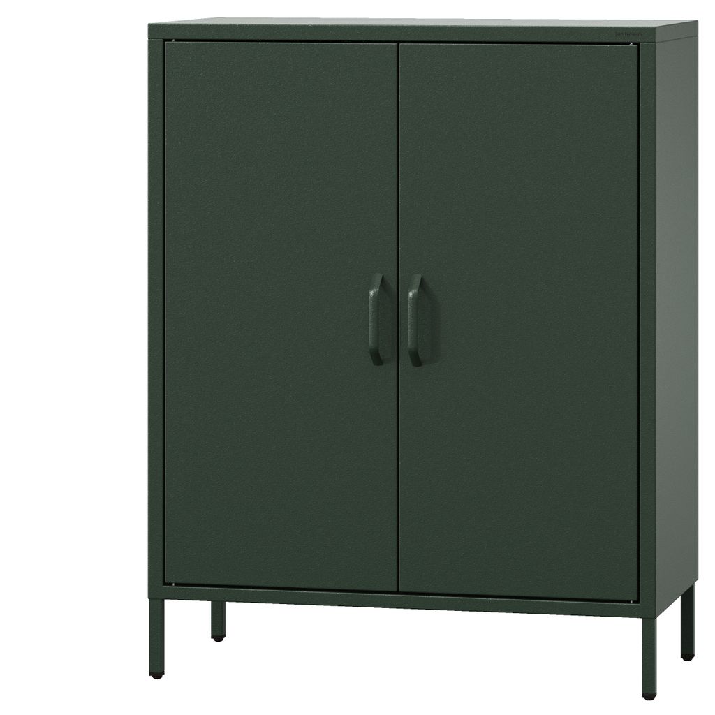 A dark green metal cabinet with two doors and four legs, displayed against a white background.