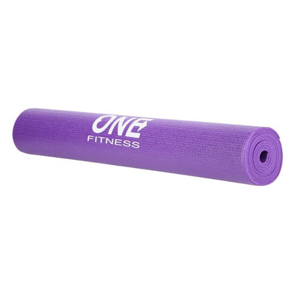 A rolled-up purple yoga mat with the brand name 'ONE FITNESS' printed on it, set against a white background.