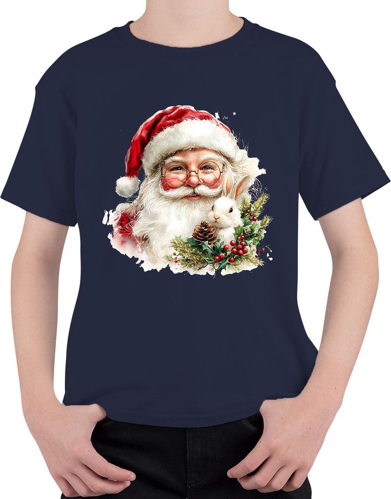 Weihnachtsmann Kaninchen Tannenzapfen Stechpalme Aquarell Uni Kinder T-Shirt, Navy, 116