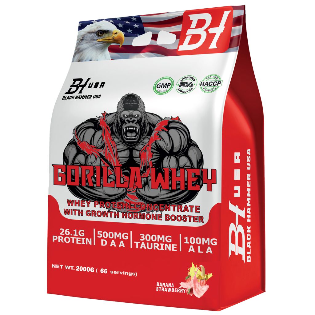 Gorilla Whey Protein 2kg – Banane Erdbeera Geschmack - Taurine ,Protein ,ALA, DAA - Eiweißshake für Muskelaufbau & Recovery – Black Hammer USA