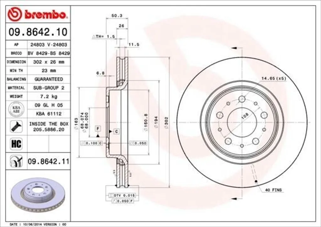 Éliminez les vibrations au freinage : Disque Brembo 09.8642.11 Volvo V70
