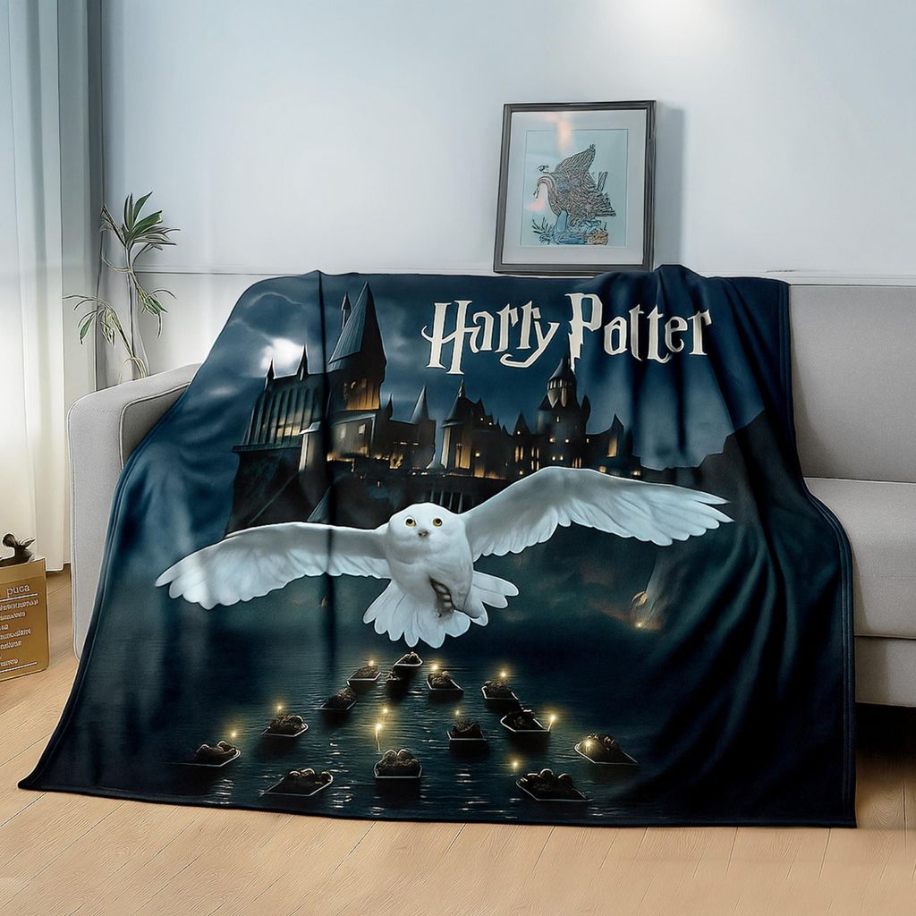 Harry Potter Kuscheldecke XL für Kinder und Erwachsene 150x200 cm - Couch Decke mit Hogwarts & Eule Hedwig, schwarz, extra flauschig, Fleece,