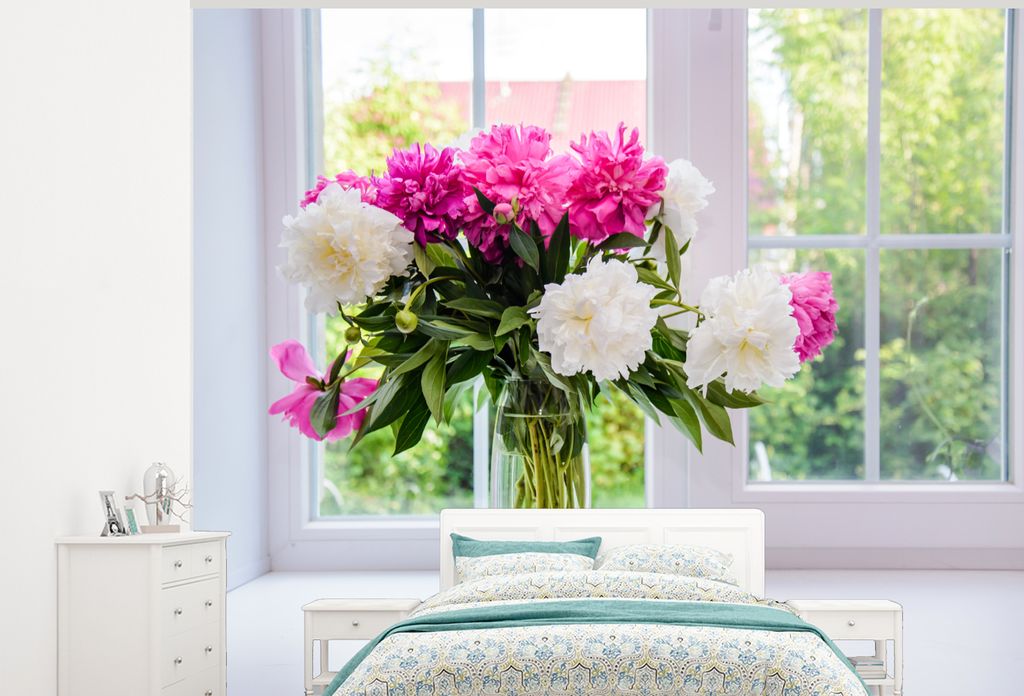 MuchoWow Fototapete für Wohnzimmer oder Schlafzimmer Wandtapete Vinyl Motivtapete Blumen - Pfingstrosen - Vase - 375x300 cm - Tapezierpapier