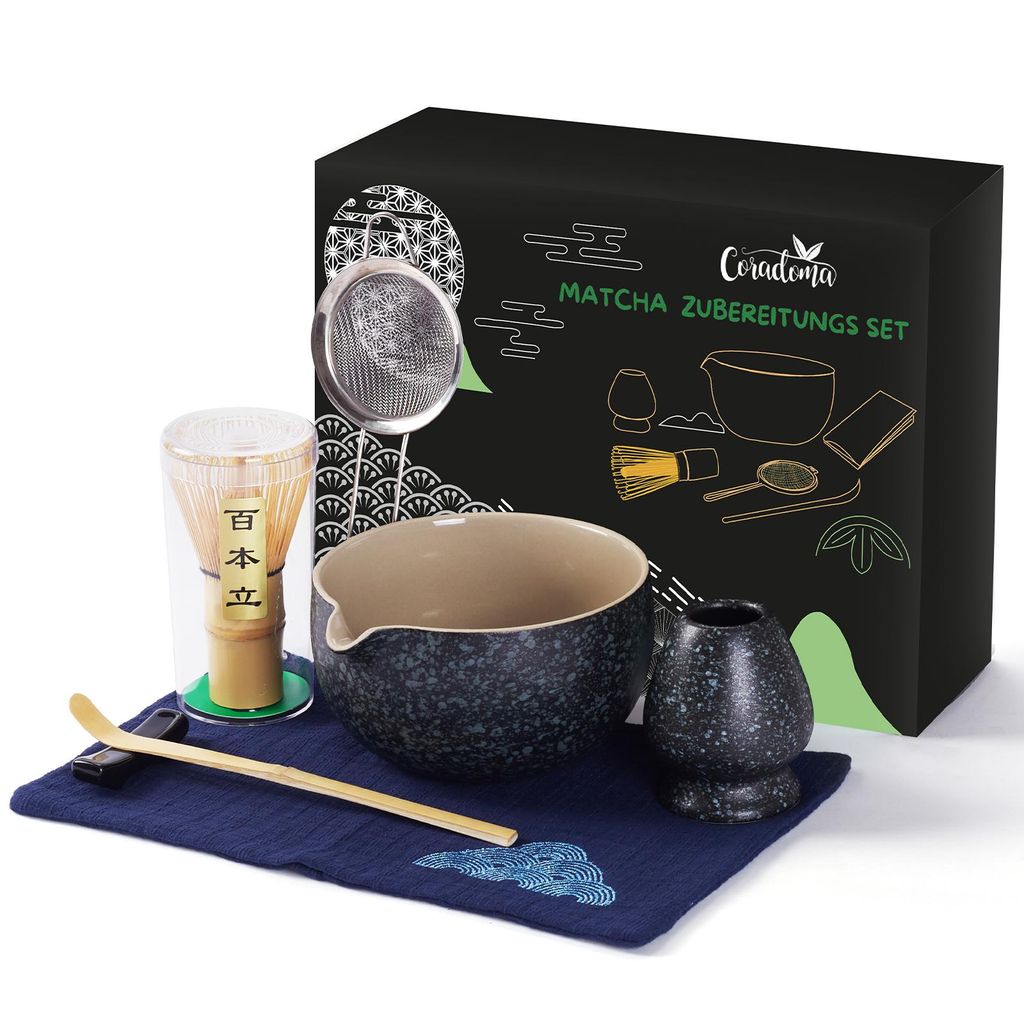 Matcha Tee Set 7-teilig – Japanisches Ceremonial Matcha Zubereitungsset | mit Bambus Chasen, Chashaku Löffel, Schale | Premium Geschenkset