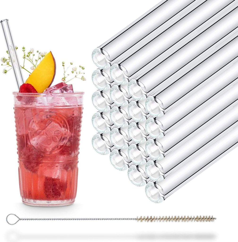 HALM Glasstrohhalme Wiederverwendbar Trinkhalm - 20 Stück gerade 20 cm + plastikfreie Reinigungsbürste - Spülmaschinenfest - Nachhaltig