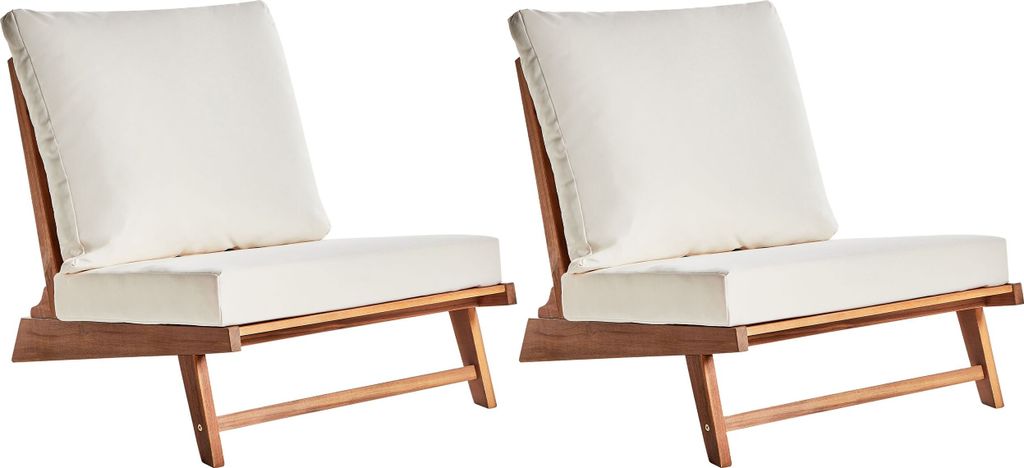 BELIANI Gartensessel 2er Set Hellbraun u. Cremeweiß Akazienholz ohne Armlehnen mit Kissen Niedrig Modernes Design Outdoor Indoor Garten Terrasse