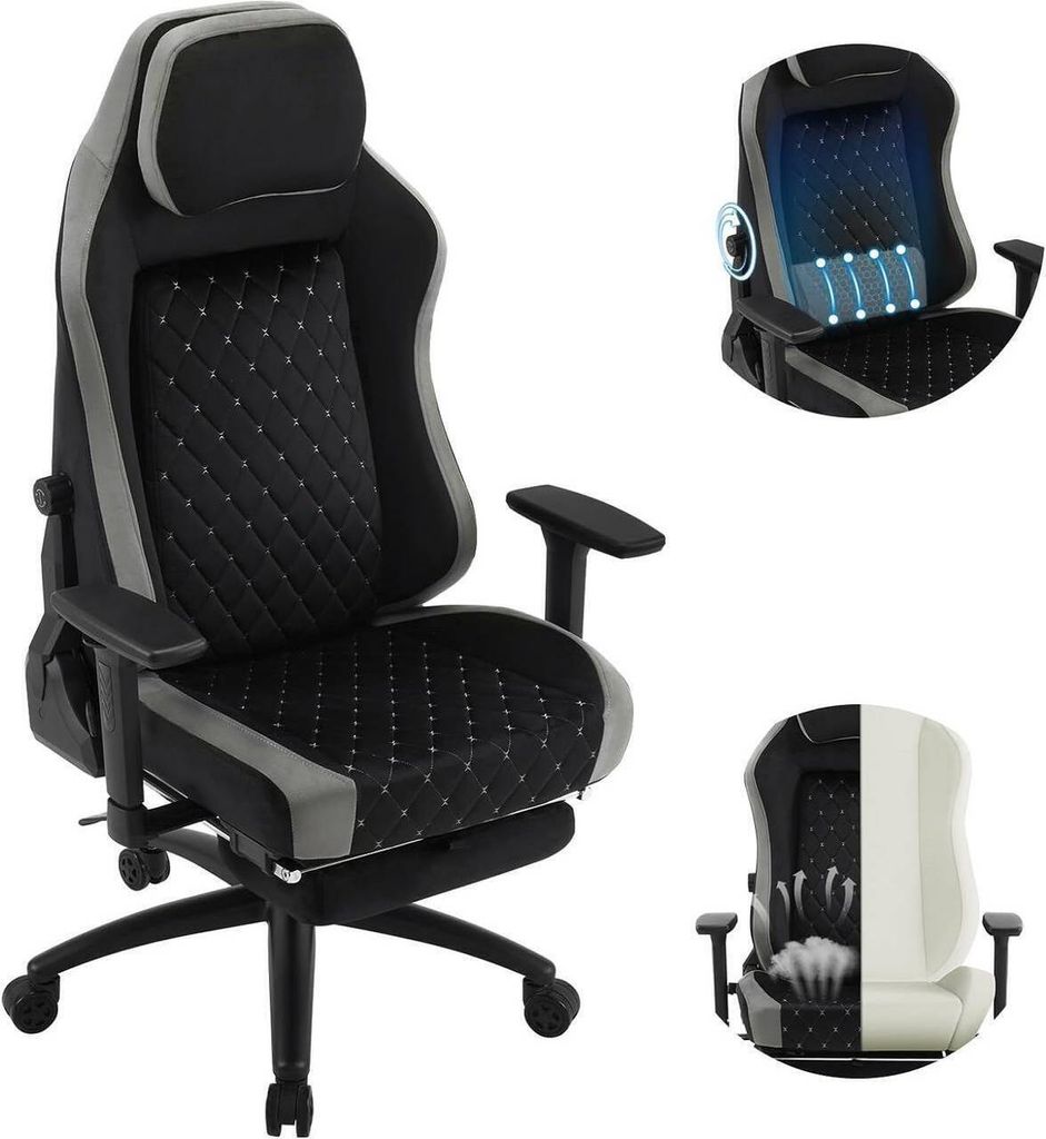 WOLTU Gaming Stuhl, adaptiver Lendenwirbelstütze, Samtbezug, Schwarz+Grau