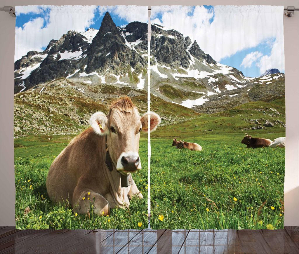 ABAKUHAUS Das Vieh Rustikaler Gardine, Alpine Mountain Milchkuh, Schlafzimmer Kräuselband Vorhang mit Schlaufen und Haken, 280 x 245 cm, Mehrfarbig