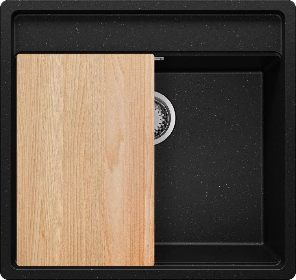 PRIMAGRAN Eckspüle Schwarz Metallic 56x53cm, Granitspüle 1 Becken + Ablauf-Set + Schneidebrett, Küchenspüle ab 60er Unterschrank - Bergen