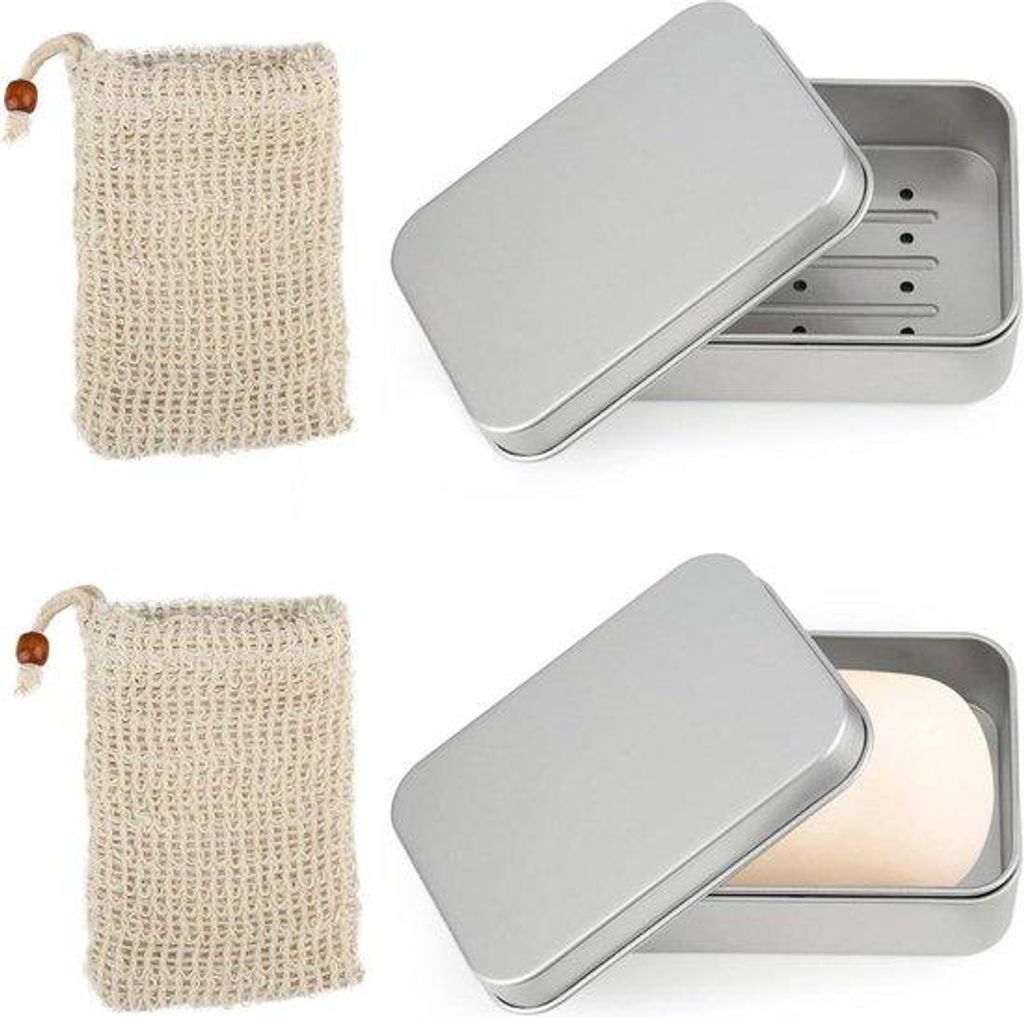 2 Alu-Seifenschalen mit Hanfnetz für feste Seifen und Shampoos