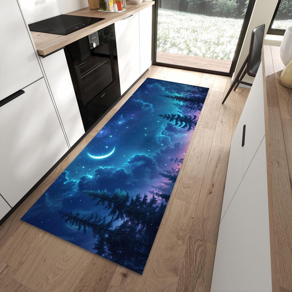 Küchenteppich 90x240cm rutschfest & abwischbar PVC Läufer - Nachthimmel Wald