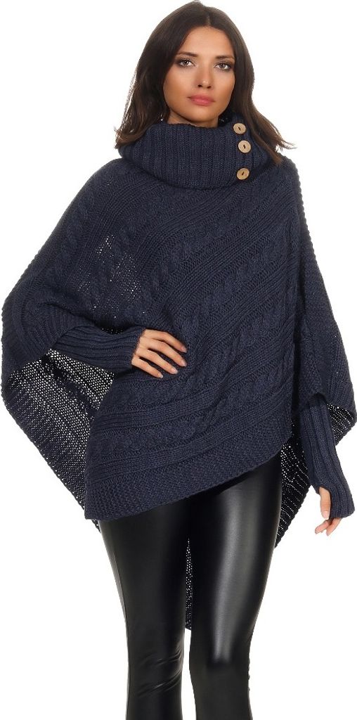 Mississhop Poncho Cape Strick Sweatshirt Pullover Umhang Überwurf mit Stulpen 3012 Dunkelblau