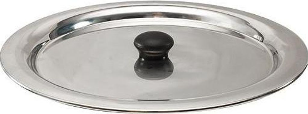 A stainless steel pot lid with a black handle is shown from a top-down perspective against a white background.