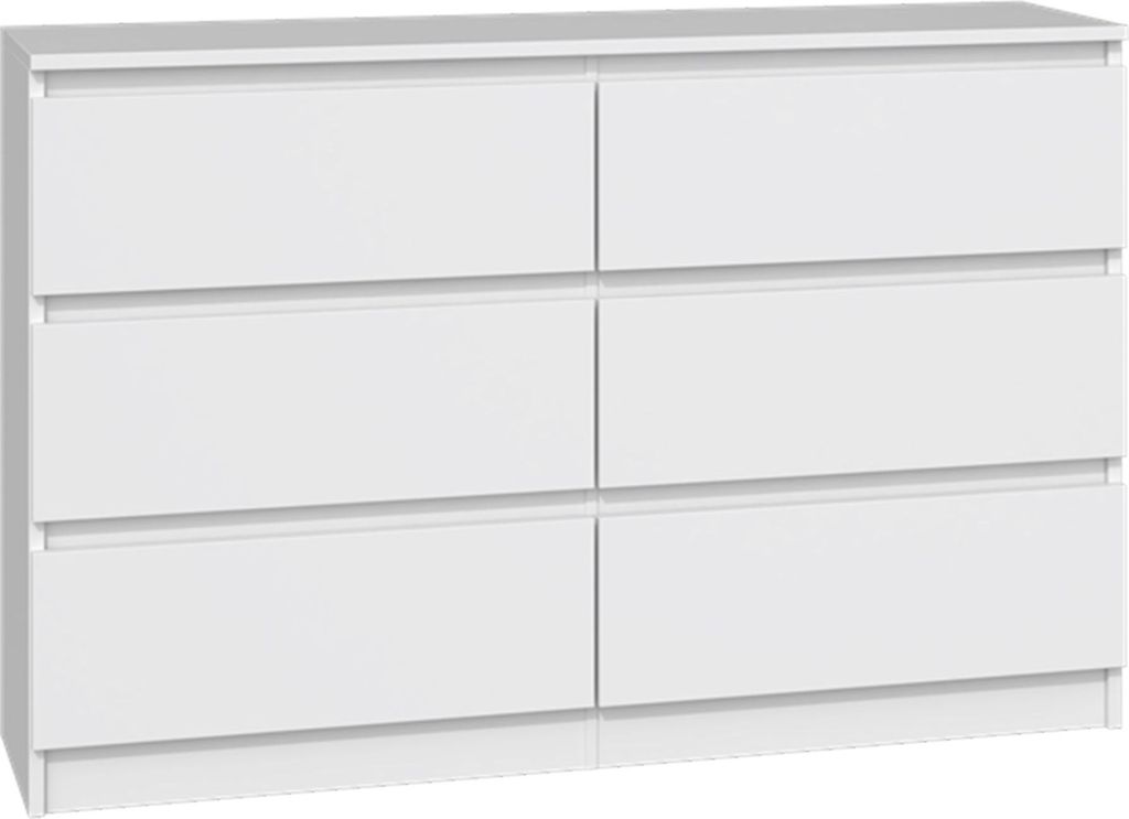 A white dresser with six drawers against a white background.