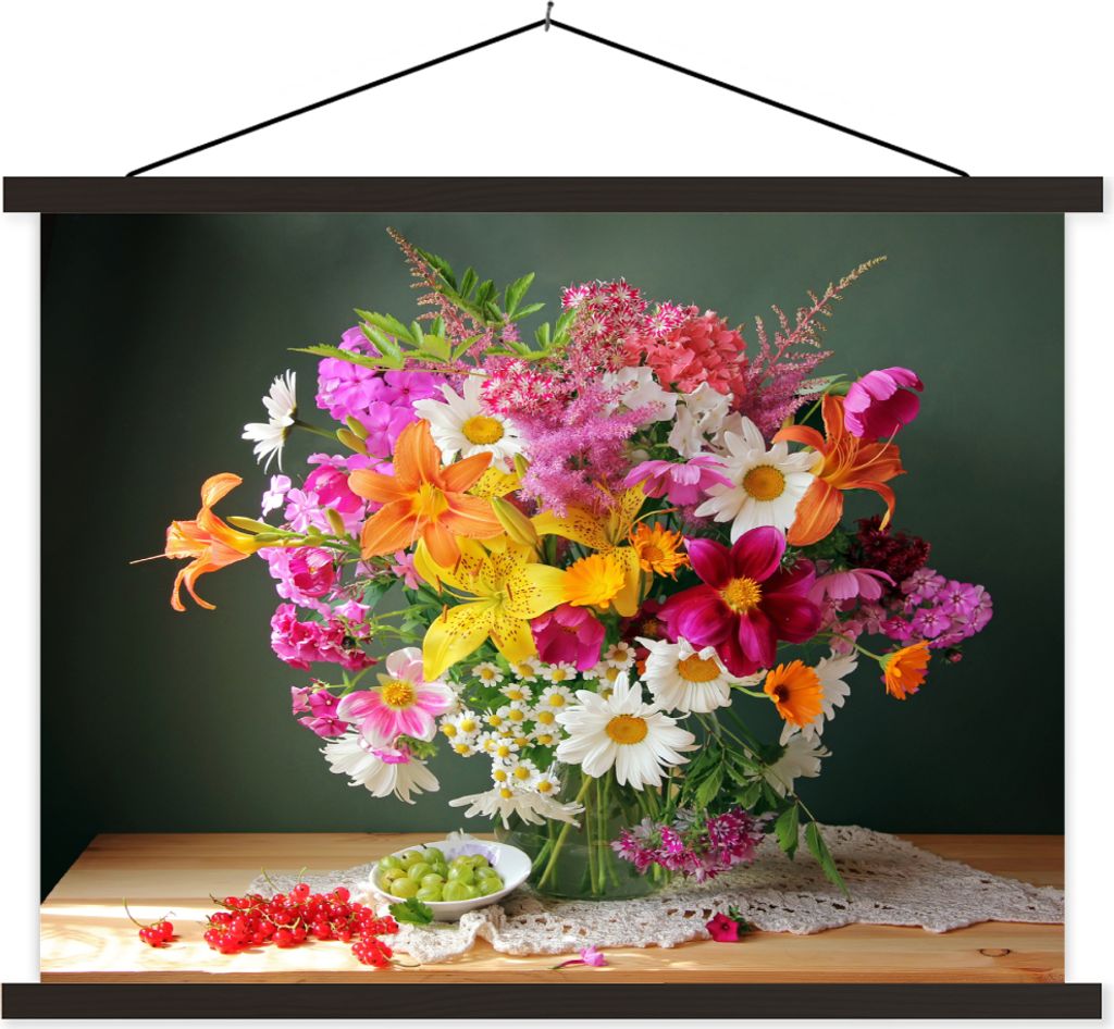 MuchoWow Textilposter Blumenstrauß - Stilleben - Obst 60x45 cm mit schwarzem Rahmen - Poster Schlafzimmer