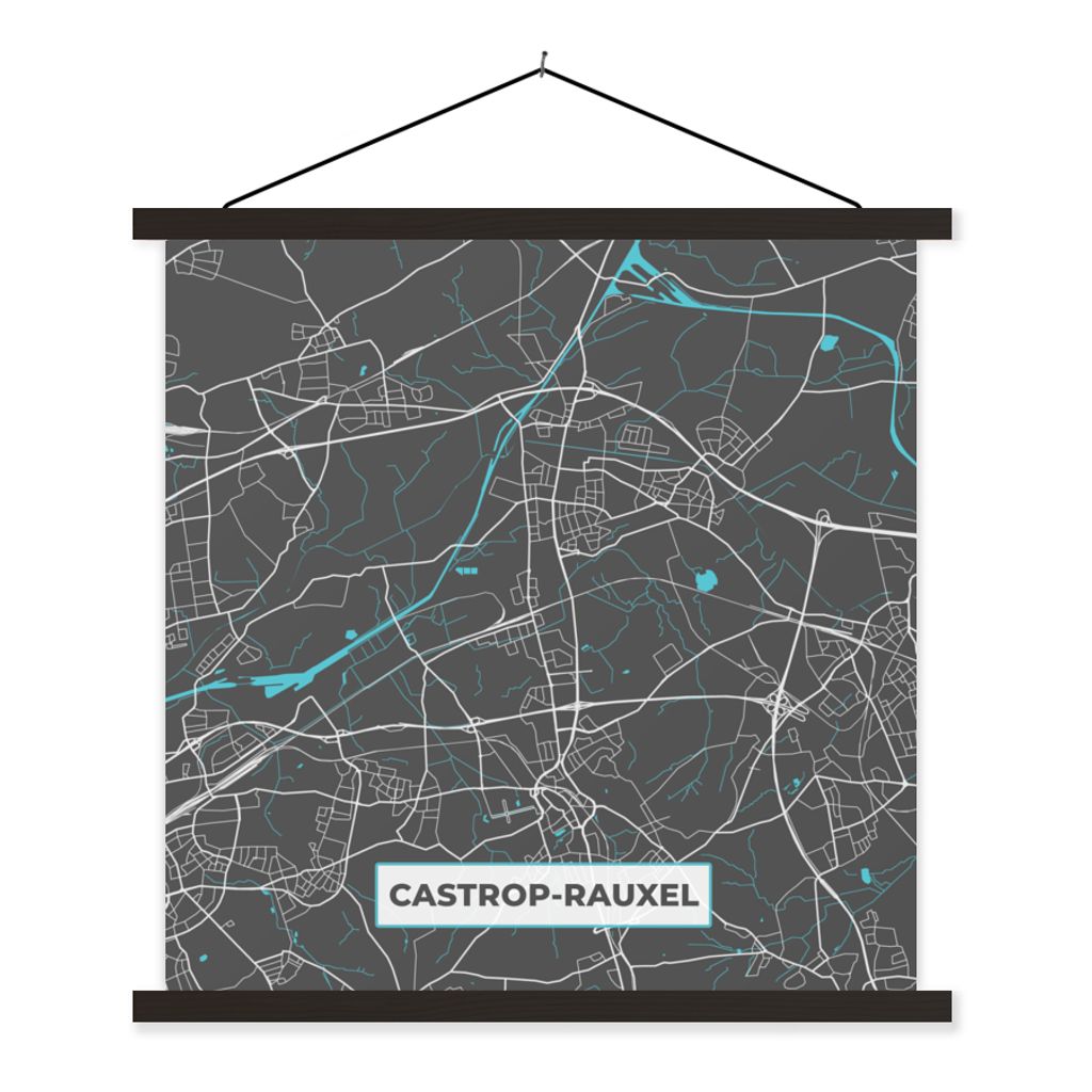 MuchoWow Textilposter Stadtplan - Deutschlandkarte - Blau - Castrop Rauxel - Karte 40x40 cm mit schwarzem Rahmen - Fotos