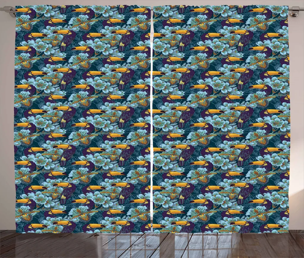 ABAKUHAUS Uccelli Tenda rustica, uccello arcobaleno, camera da letto Tenda con passanti e ganci, 280 x 245 cm, terra giallo turchese