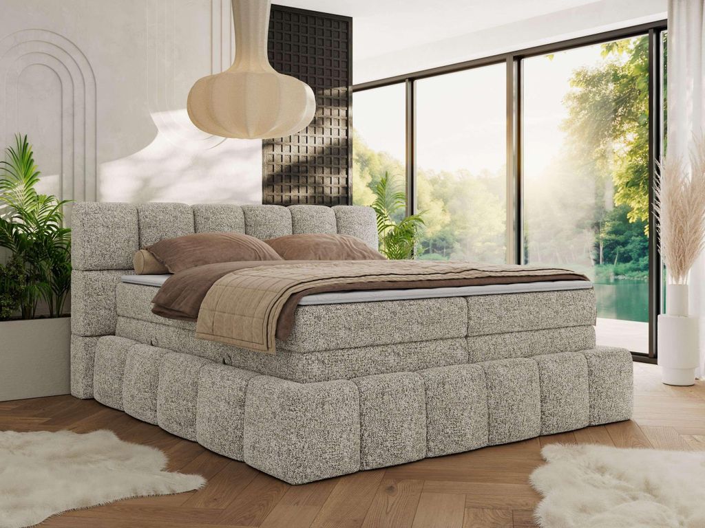 MKS MEBLE Boxspringbett 180 x 200 mit bettkasten NIRA KING, Polsterbett 7 Zonen Multipocket-Matratze und Topper, Doppelbett - Beige Strukture - H3