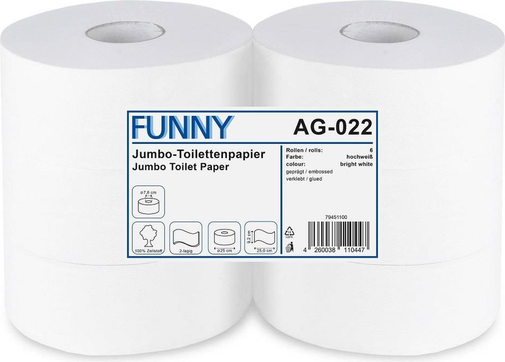 Jumbo Toilettenpapier FUNNY - 2- lagig - hochweiß - 6 Rollen