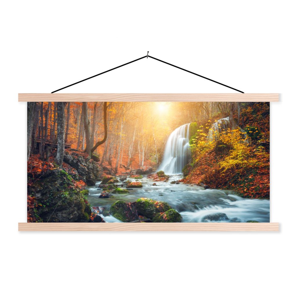 MuchoWow Textilposter Wasserfall - Sonne - Herbst 60x30 cm mit holzfarbenen Rahmen - Dekoration